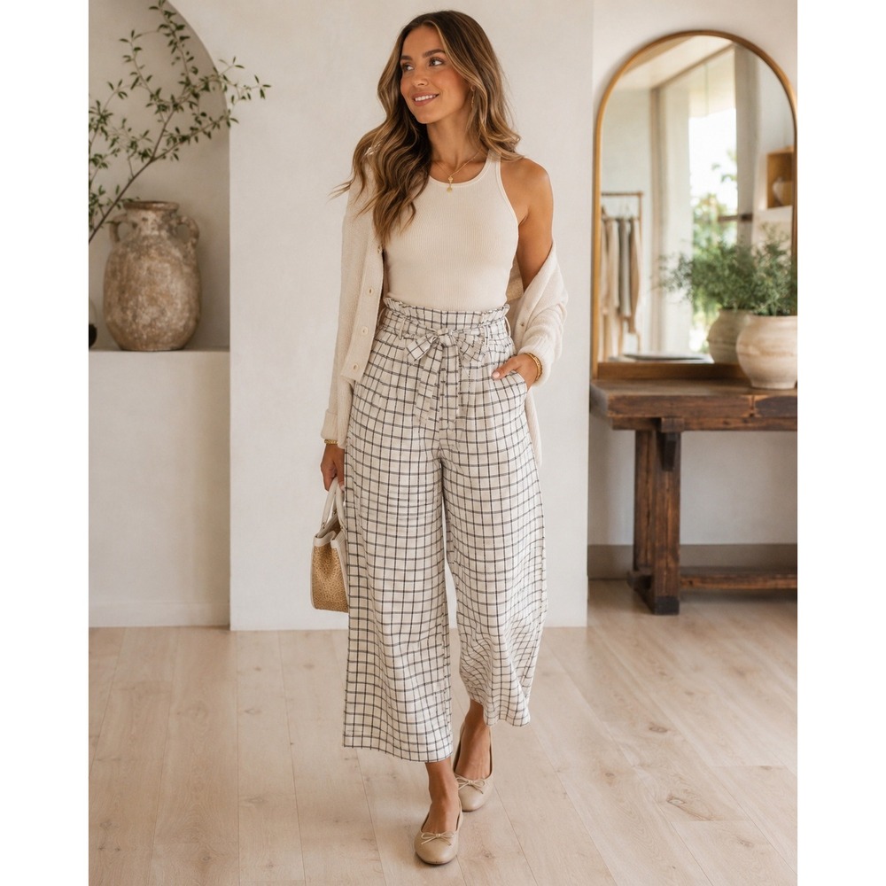 Anthropologie Linen Blend Wide Leg Plaid Pants Cream 0P Boho